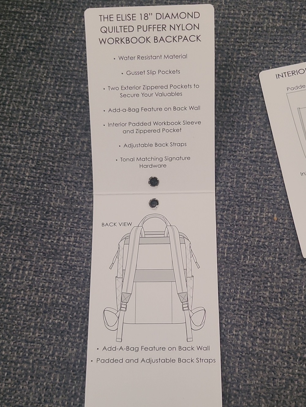 The Elise 18" Diamond Quilted Puffer Nylon Workbook Backpack. - Picture 7 of 8